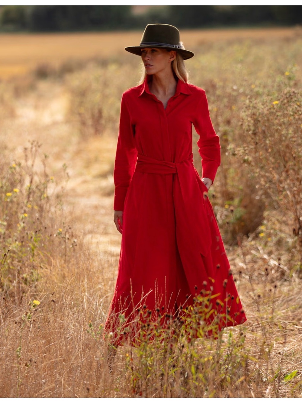 Elegant Red Maxi linen Shirt Dress with Tie Waist